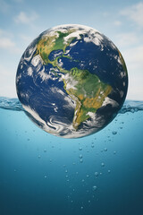 Planet Earth Floating in Ocean Water with Bubbles Under Blue Sky
