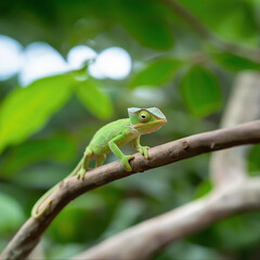 Obraz premium Chameleon lizard resting on branch in tropical forest with vibrant green nature background
