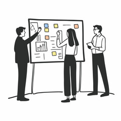 Line art of a team discussing marketing strategy around a whiteboard filled with charts, funnels, and ideas, clean and modern linear style