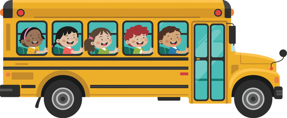 Cartoon illustration of a yellow school bus with children looking out the windows and waving hands