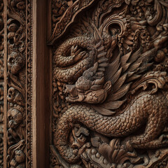 Intricate Wooden Door Carving with Mythical Creatures