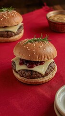 Gourmet burgers with cheese and jam on red tablecloth  a fusion of flavors