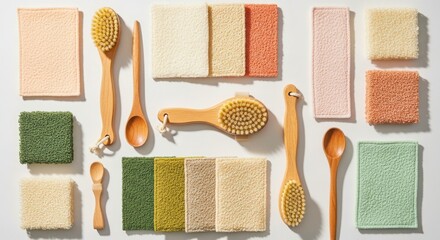 Natural bath accessories including loofah sponges and wooden brushes for exfoliation