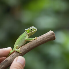 Chameleon reptile on a green branch in nature, showcasing wildlife and exotic colors