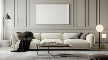 Modern living room with cream sofa and black throw.