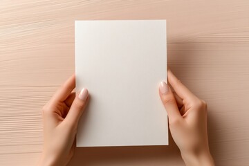 Obraz premium Square white card held by female hand on peach background with eucalyptus leaves. Blank paper mockup for branding and floral design. Design for invitation, greeting card, banner, poster, wallpaper.
