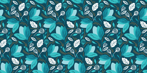 textile motif design pattern of flowers and leaves, with a garden theme