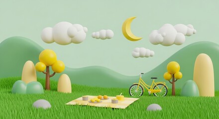 Whimsical 3d picnic scene with yellow bicycle moon and clouds