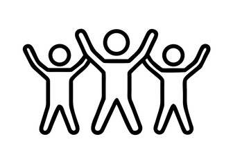 Group of three stick figures celebrating with hands raised  