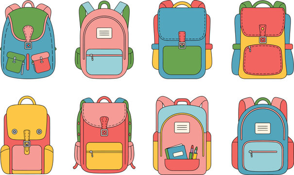 Illustration of a teacher with outstretched arms standing with a group of cheerful students with backpacks