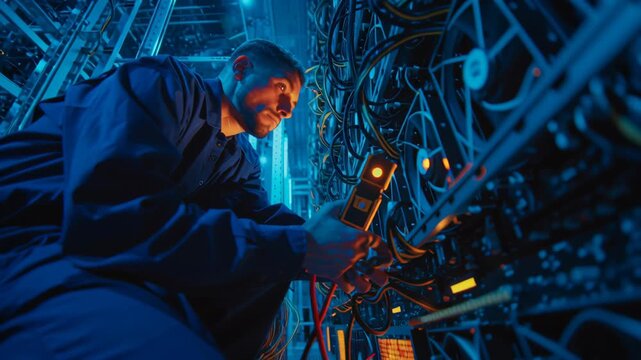 Engineer Performs Thermal Inspection of Bitcoin Mining Equipment