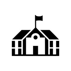 A flat icon of a school building with a central door, windows, and a small flag. Represents the institution of learning and is ideal for general educational contexts.