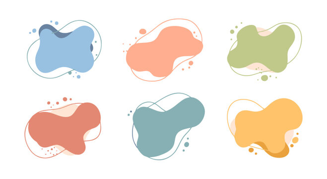 Abstract Fluid Shape Set: A set of six vibrant, amorphous shapes in various pastel colors, offering a versatile design element for modern aesthetics and creative projects.