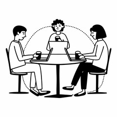 Line art of people from different professions collaborating in a shared coworking space, laptops and coffee on desk, clean outline illustration