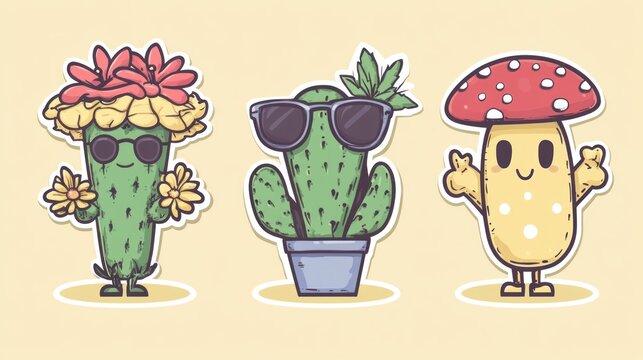 Cute cartoon cactus and mushroom characters