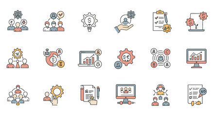 Business process icons: Modern collection of intricately designed business process icons, highlighting strategic planning, collaboration, data analysis, and workflow efficiency.
