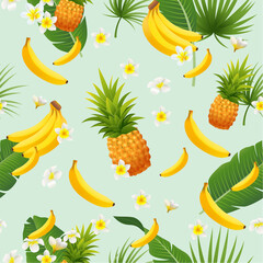 Banana and pineapple seamless pattern set. Vector illustration. Banana fruit with leaves.