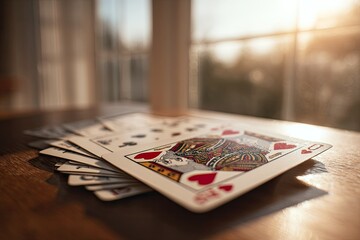 Playing cards stacked on a table, sunlight through window