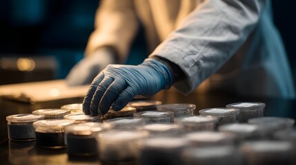 Scientist carefully labeling specimen containers in a well lit laboratory setting