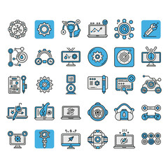 Modern Icons of Technology: A collection of meticulously crafted icons showcases a range of technological concepts, perfect for illustrating innovation and digital progress. 