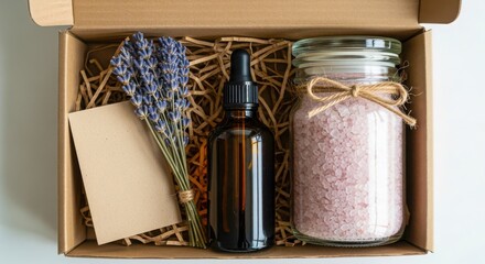 Relaxation gift box with lavender essential oil and bath salts for a spa experience
