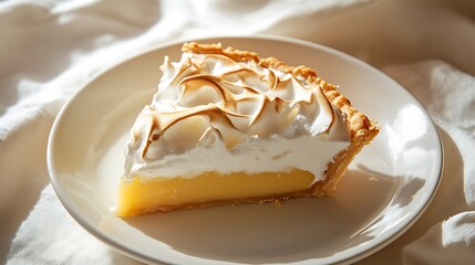 Slice of Lemon Meringue Pie on a White Plate