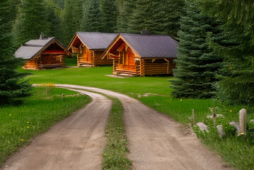 Fototapeta premium A winding dirt road leads to cozy wooden log cabins nestled among lush green pine trees in a tranquil forest setting.