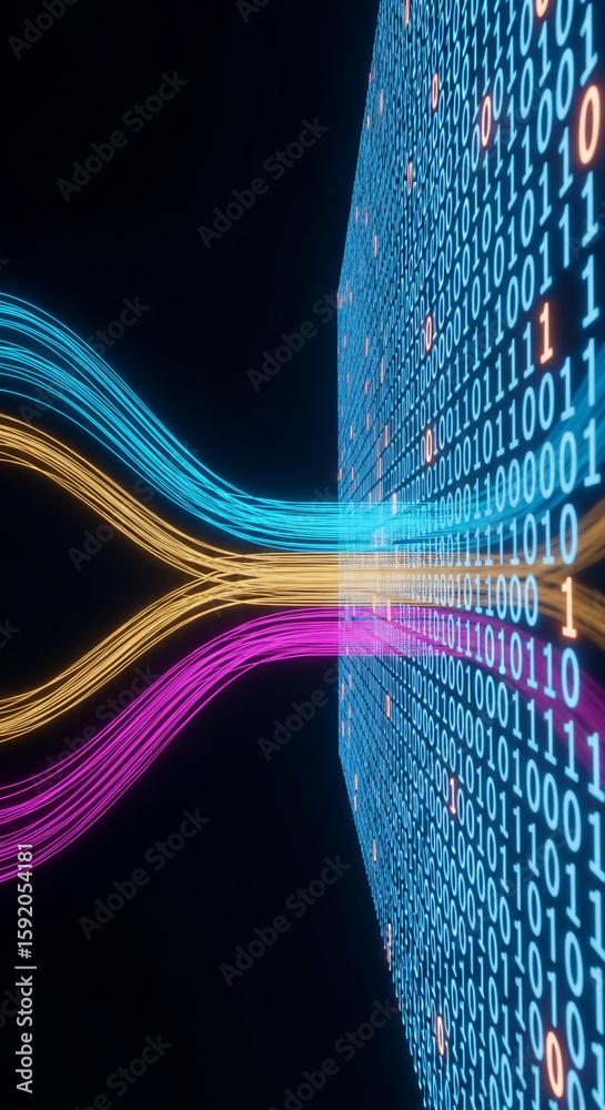 Poster Abstract image of glowing binary code with colorful data streams, symbolizing digital information flow, technology, and connectivity