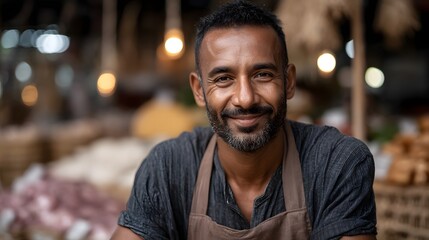 Fototapeta premium Friendly local trader smiling and holding a product at a busy market