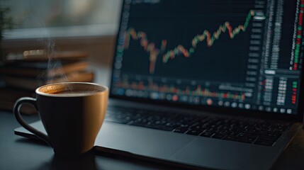 Laptop with stock chart, steaming coffee, and books