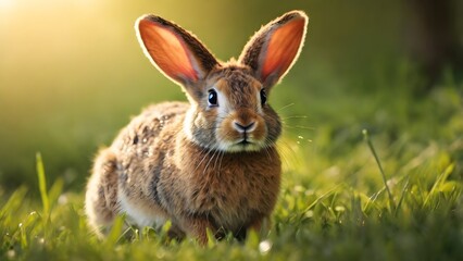 Obraz premium Alert brown rabbit with sunlit ears sits in lush green grass