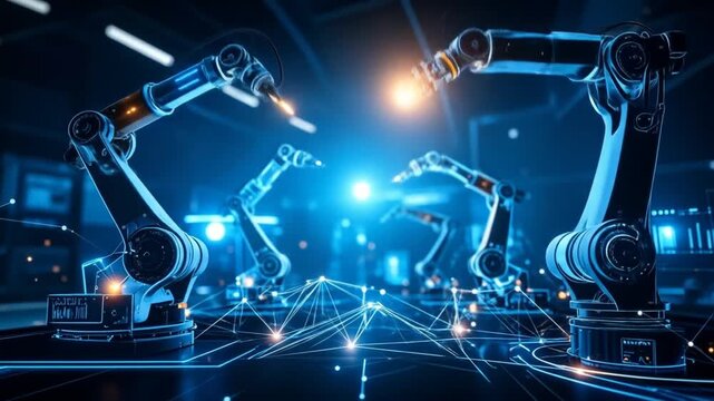 Futuristic robots, bathed in blue light, work together, connected by glowing lines. Sparks fly between arms, suggesting welding or fabrication