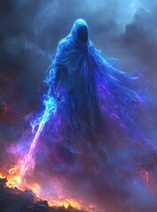 Ethereal Phantom Warrior in Dark Fantasy Realm with Glowing Sword and Fiery Background Atmosphere