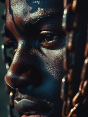 African American singer with chains, intense expression, close-up, black background.