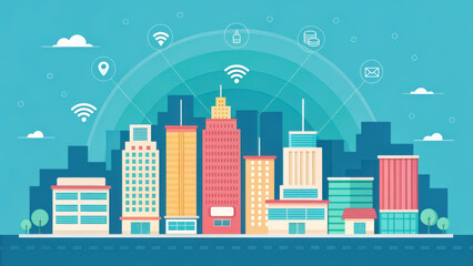 Fototapeta premium IOT Ecosystem Colorful city skyline illustration with connected digital icons depicting modern technology and communication.
