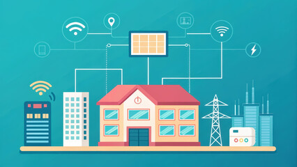 Obraz premium IOT Ecosystem Smart city illustration depicting interconnected buildings and technology elements for urban development.