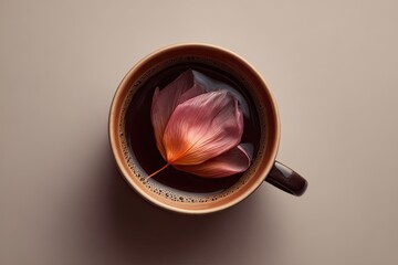A coffee cup with a pink flower petal