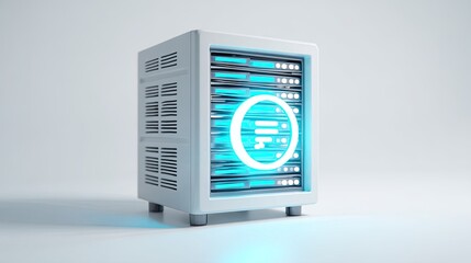 White server rack with glowing data icon