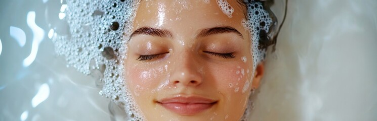 A serene young woman relaxes in a bubble bath, eyes closed in tranquility. This image captures the essence of relaxation and self-care in a beautiful spa setting.