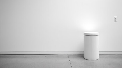 Minimalist white trash can against a white wall