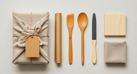 Beautifully wrapped gift with kitchen utensils and natural materials