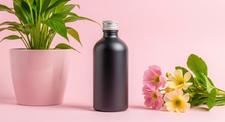 Matte black bottle with silver cap beside potted plant and delicate pink and yellow flowers