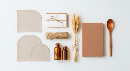 Natural elements and craft supplies arranged artfully on a white background