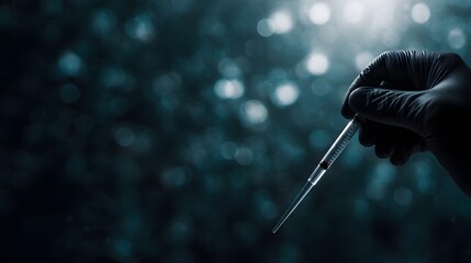 A close up view of a hand holding a lab pipette under sharp sterile lighting  long title A close up high  view of a gloved hand carefully holding a
