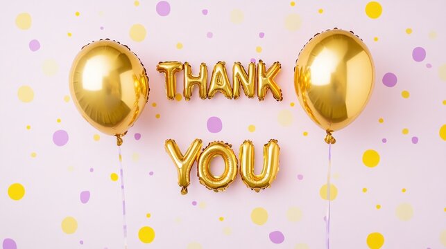 Golden Balloons Thank You Note Pink Confetti Background