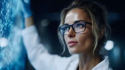 Female scientist examining molecular structure on computer display