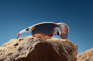 Sporty wraparound sunglasses balanced on textured rock