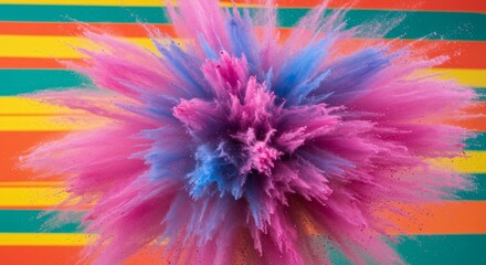Dynamic explosion of vibrant pink, blue and purple powder against colorful stripes