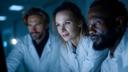 A research team discussing lab results over a digital screen in a professional environment  long title A diverse group of researchers collaborating