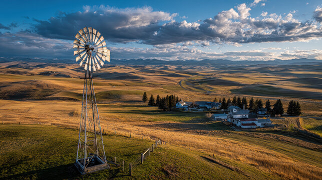 Windmill standing tall over rolling hills and distant farm buildings
